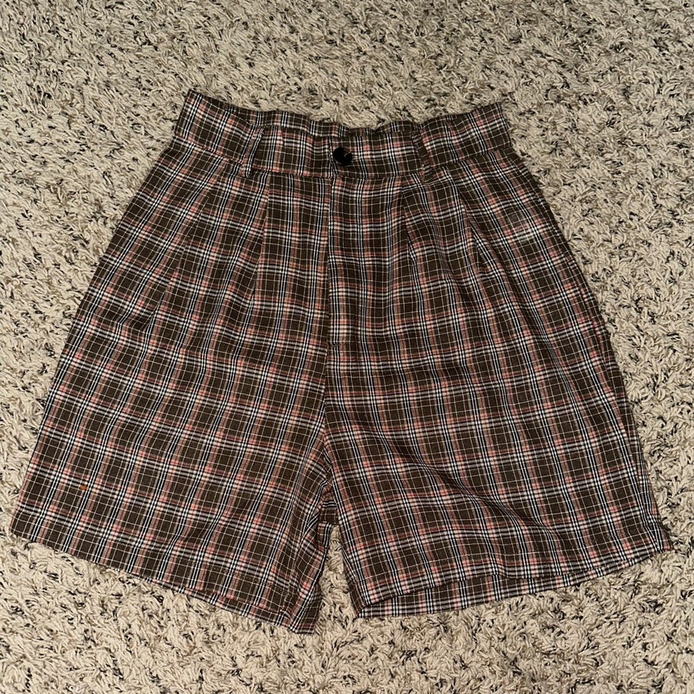 SHEIN High Waist Plaid Shorts - Black, White, Brown